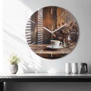 Cup of coffee Glass Clock, Brown Printed Clock, Food Modern Wall Clock, Custom Wall Clock, Numbers or Lines