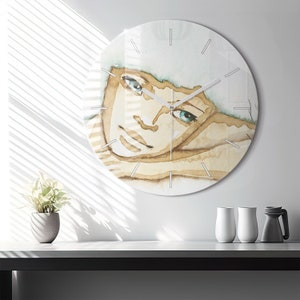 Portrait of a woman Glass Clock, Beige Hanging Clock, Abstract Printed Clock, Personalised Clock, Numbers or Lines Collection