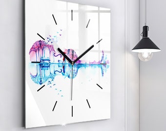 Reloj de cristal Cello Lake Park, reloj de pared moderno azul, reloj minimalista de arte, reloj personalizado, colección de números o líneas