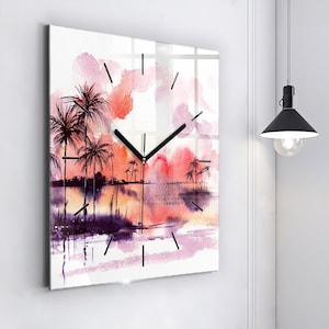 Tropical landscape Glass Clock, Pink Printed Clock, Art Modern Wall Clock, Personalised Clock, Numbers or Lines Collection