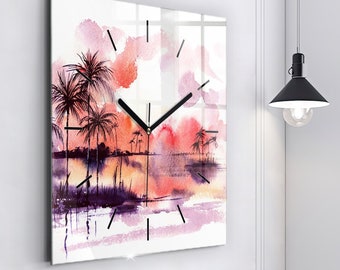 Tropical landscape Glass Clock, Pink Printed Clock, Art Modern Wall Clock, Personalised Clock, Numbers or Lines Collection