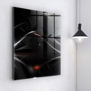 Reloj de cristal de abstracción, reloj de pared moderno negro, reloj minimalista abstracto, reloj personalizado, números o líneas imagen 3