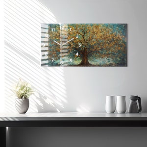 Mosaic tree Modern Wall Clock, Multicolour Glass Clock, Nature Minimalistic Clock, Horizontal Decorative Clock, Numbers or Lines
