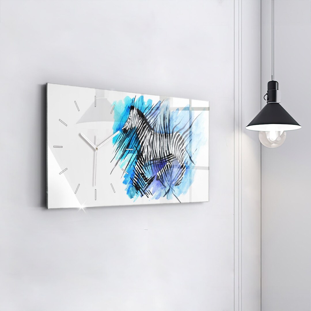 Zebra Clock Painted Zebra Hanging Clock, Blue Glass Clock, Animal Printed Clock ...