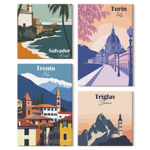 Canvas muurkunst set van 4 - bergen en retro architectuur kleurrijke illustraties, veelkleurige canvasafdruk, reizen muurdecoratie