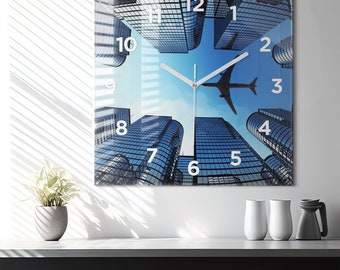 Aircraft above the buildings Glass Clock, Blue Modern Wall Clock, Vehicle Minimalistic Clock, Custom Wall Clock, Numbers or Lines