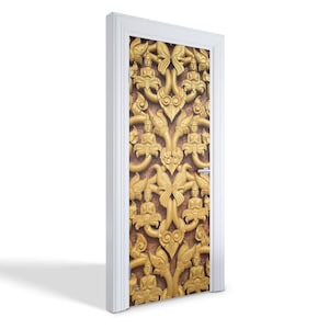 Ornaments Door Sticker, Carving Door Mural, Architecture Door Decals, Brown Door Mural, Bedroom Door Stickers