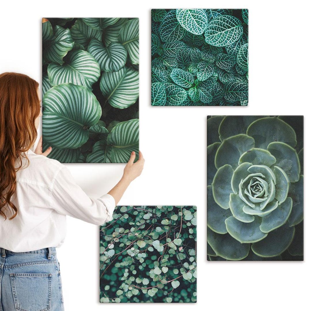 Canvas Set of 4 Wall Art - Green Leaves of Succulent Plants and ...