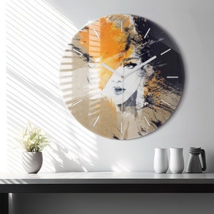 Portrait of a woman abstraction Glass Clock, Brown Hanging Clock, Art Printed Clock, Personalised Clock, Numbers or Lines Collection
