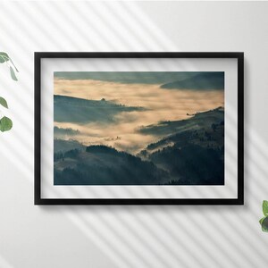 Mountain Forest Landscape In The Fog Art Print, Landscape Painting in Frame, Blue Wall Art, Home Decorations