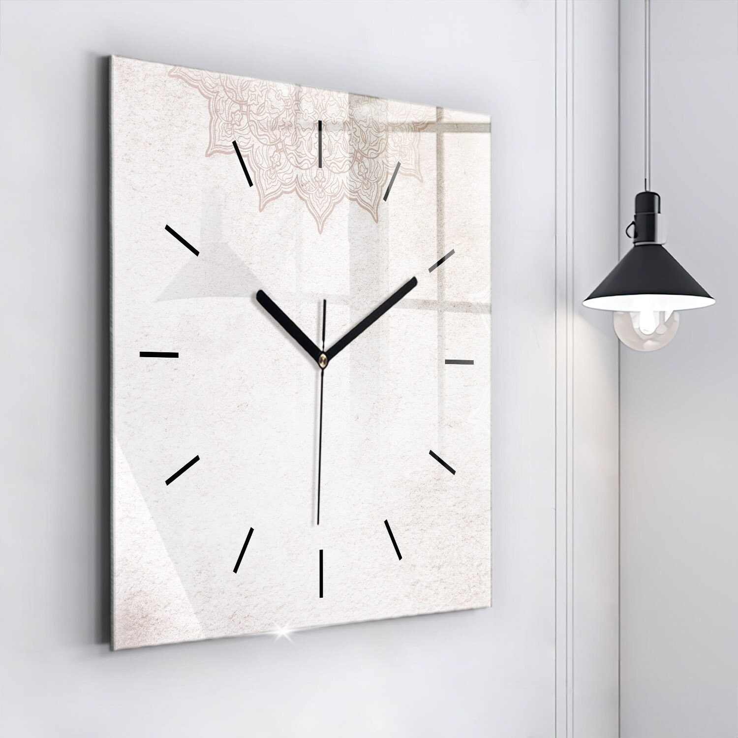 Decorative pattern Glass Clock, Gray Printed Clock, Abstract Modern Wall Clock, Personalised Clock, Numbers or Lines