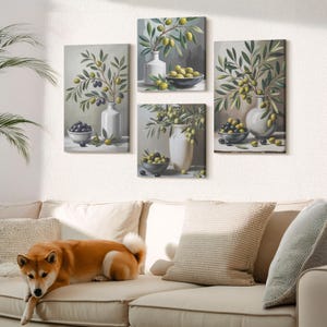Canvas Set Of 4 Wall Art - Olives In Ceramic Dishes On A Gray Background, Green Canvas Print, Plants And Flowers Hanging Piece