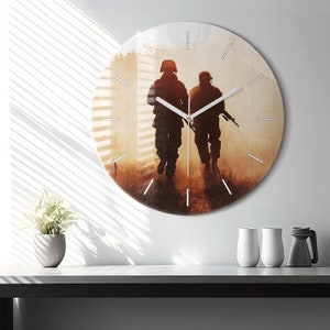 Soldiers Glass Clock, Brown Modern Wall Clock, People Minimalistic Clock, Personalised Clock, Numbers or Lines