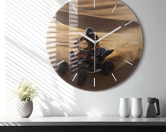 Quad in the desert Glass Clock, Brown Wall Clock, Vehicle Hanging Clock, Custom Wall Clock, Numbers or Lines