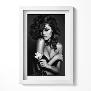 Portrait Of A Beautiful Woman With A Flower Illustration in Frame , People Print in Frame, Black Wall Art, Home Decorations