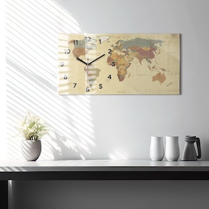 Reloj de pared moderno con mapa del mundo en estilo vintage, reloj de cristal beige, reloj de pared con mapa, reloj decorativo horizontal, colección de números o líneas