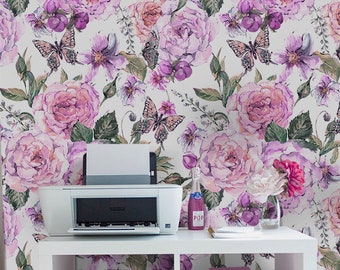 Charmant papier peint, décoration murale aquarelle roses et papillons roses, papier peint vert, décoration florale pour la maison Sticker amovible #16FW