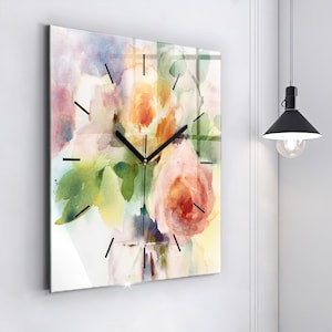 水彩画の花瓶に入ったバラ ガラス時計、緑の壁掛け時計、アート吊り時計、パーソナライズされた時計、数字または線