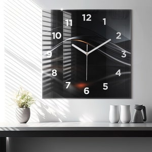 Reloj de cristal de abstracción, reloj de pared moderno negro, reloj minimalista abstracto, reloj personalizado, números o líneas imagen 1