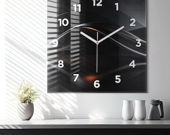 Reloj de cristal de abstracción, reloj de pared moderno negro, reloj minimalista abstracto, reloj personalizado, números o líneas