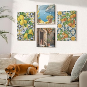 Set di 4 stampe su tela - Fiori di limone e arance in stile italiano, stampa su tela gialla, piante e fiori da appendere
