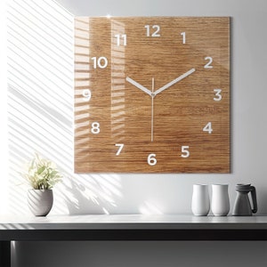 Light wood Glass Clock, Brown Modern Wall Clock, Nature Minimalistic Clock, Custom Wall Clock, Numbers or Lines Collection