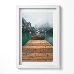 Landscape - Pier, Boat, Lake, Forests And Mountains Illustration in Frame , Landscape Print in Frame, Brown Wall Art, Home Decorations