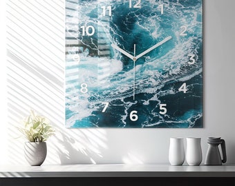 Horloge en verre à vagues moussées Virming, horloge suspendue bleue, horloge à imprimé nature, horloge murale personnalisée, chiffres ou lignes