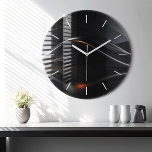 Reloj de cristal de abstracción, reloj de pared moderno negro, reloj minimalista abstracto, reloj personalizado, números o líneas imagen 2