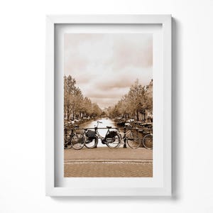 View Of Amsterdam With Bicycles Art Print, City Painting in Frame, Brown Wall Art, Home Decorations