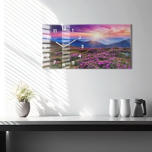 Sunrise flowers Wall Clock, Multicolour Glass Clock, Landscape Printed Clock, Personalised Clock, Numbers or Lines Collection