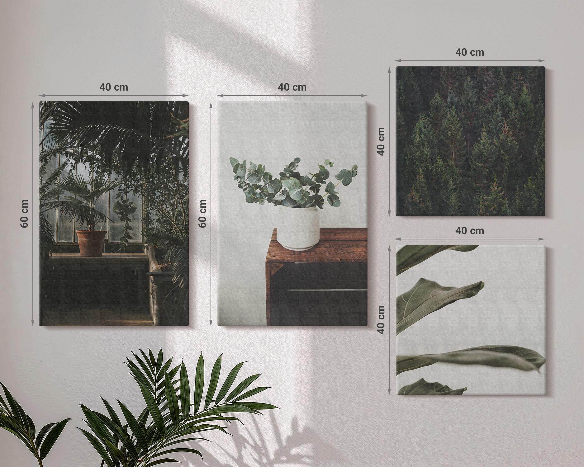Canvas Wall Art Set of 4 - Potted Plants With Rustic Leaves, Green ...