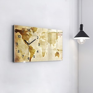 May include: A rectangular wall clock with a world map design. The clock face has black hands and Roman numeral markings. The background is a vintage-style, faded brown and beige.