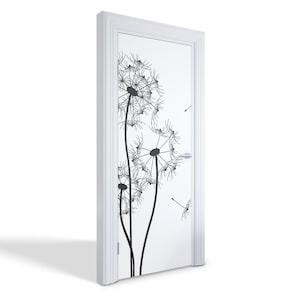 Adesivo per porta Dente di leone nel vento, Adesivo per porta intagliato, Adesivi per porta con fiori e piante, Adesivo per porta in bianco e nero, Adesivi per porta della camera da letto