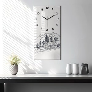 Drawing town Minimalistic Clock, White Glass Clock, Abstract Wall Clock, Custom Wall Clock, Numbers or Lines