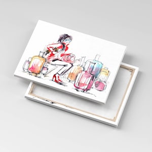 Painted woman with suitcases Canvas, Picture Wall Hanging, Pink Wall Decor, Abstraction Canvas Print
