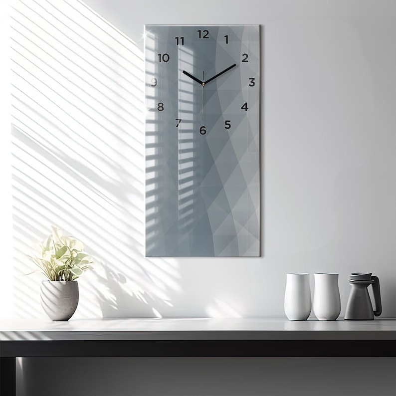Horloge minimaliste abstraite vague, horloge en verre gris, horloge murale abstraite, horloge décorative horizontale, collection chiffres ou lignes image 2