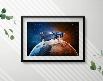 宇宙の地球儀の額入りアート、地球と宇宙のイラストの額入り、ネイビー 