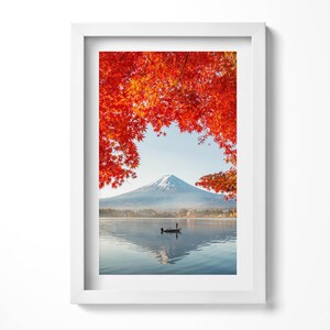 Landscape Of Mount Fuji Under The Red Tree Wall Art in Frame, Landscape Framed Art, Red Wall Art, Home Decorations