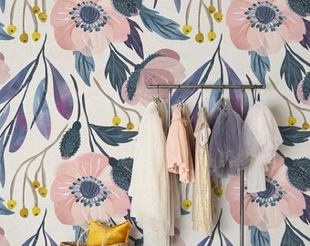 Charming Wallpaper, Dangle Flowers  Pastels Floral Patern, Purple Reusable Wallpaper, Blue Easy Stick Wall Decoration  #162FW