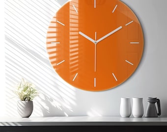 Orange Glasuhr, Orange Minimalistische Uhr, Volltonfarbe Wanduhr, Benutzerdefinierte Wanduhr, Zahlen oder Linien Kollektion