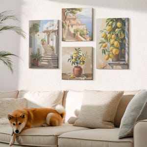 Set di 4 quadri su tela - Affascinanti strade con limoni e vista sul mare, grande quadro su tela giallo, piante e fiori da appendere
