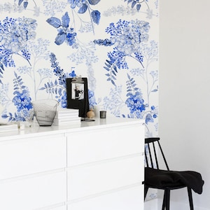 Charming Wallpaper, Watercolor Blue Hydrangea Removble Wallpaper, Subtle And Soft Self Adhesive Wall Decor, White  Wall Art #67FW