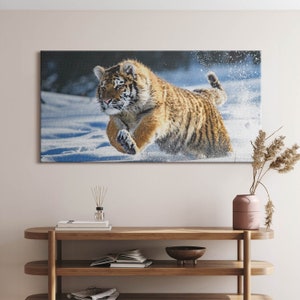 Fluffy tiger in the snow Canvas, Picture Wall Hanging, Orange Wall Decor, Animals Canvas Print
