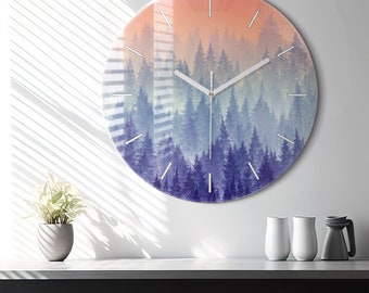 Forest in the fog Glass Clock, Orange Wall Clock, Art Hanging Clock, Custom Wall Clock, Numbers or Lines Collection