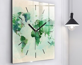Reloj de cristal con mapa del mundo en acuarela, reloj impreso en verde, reloj de pared moderno con mapa, reloj de pared personalizado, números o líneas