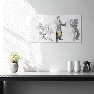 May include: A clock face with three figures, one sitting at a desk, one standing and holding a briefcase, and one standing and holding a stack of papers. The clock face has numbers 1 through 12 and the figures are connected by lines to the numbers.