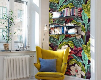 Carta da parati affascinante, carta da parati con foglie e fiori, murale floreale scuro, decorazione murale verde Easy Stick, adesivo rimovibile floreale #122FW