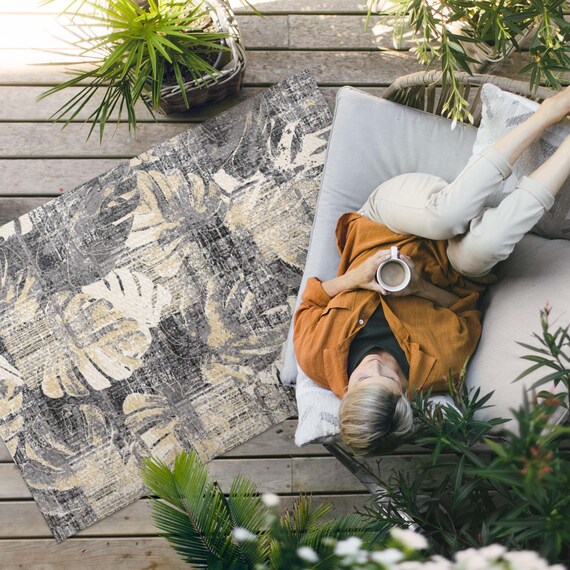 Monstera Blätter Motiv, Abgenutzt Textur Veranda Teppich, Blumen Und Pflanzen Aussen Teppich, Beige Vinyl Teppich, Pool Teppich, Leicht zu Reinigen