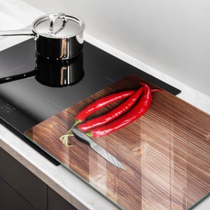 Chili peppers on wood Cutting Board, Tempered Glass Chopping Board, Brown Kitchen Decor, Large Chopping Board